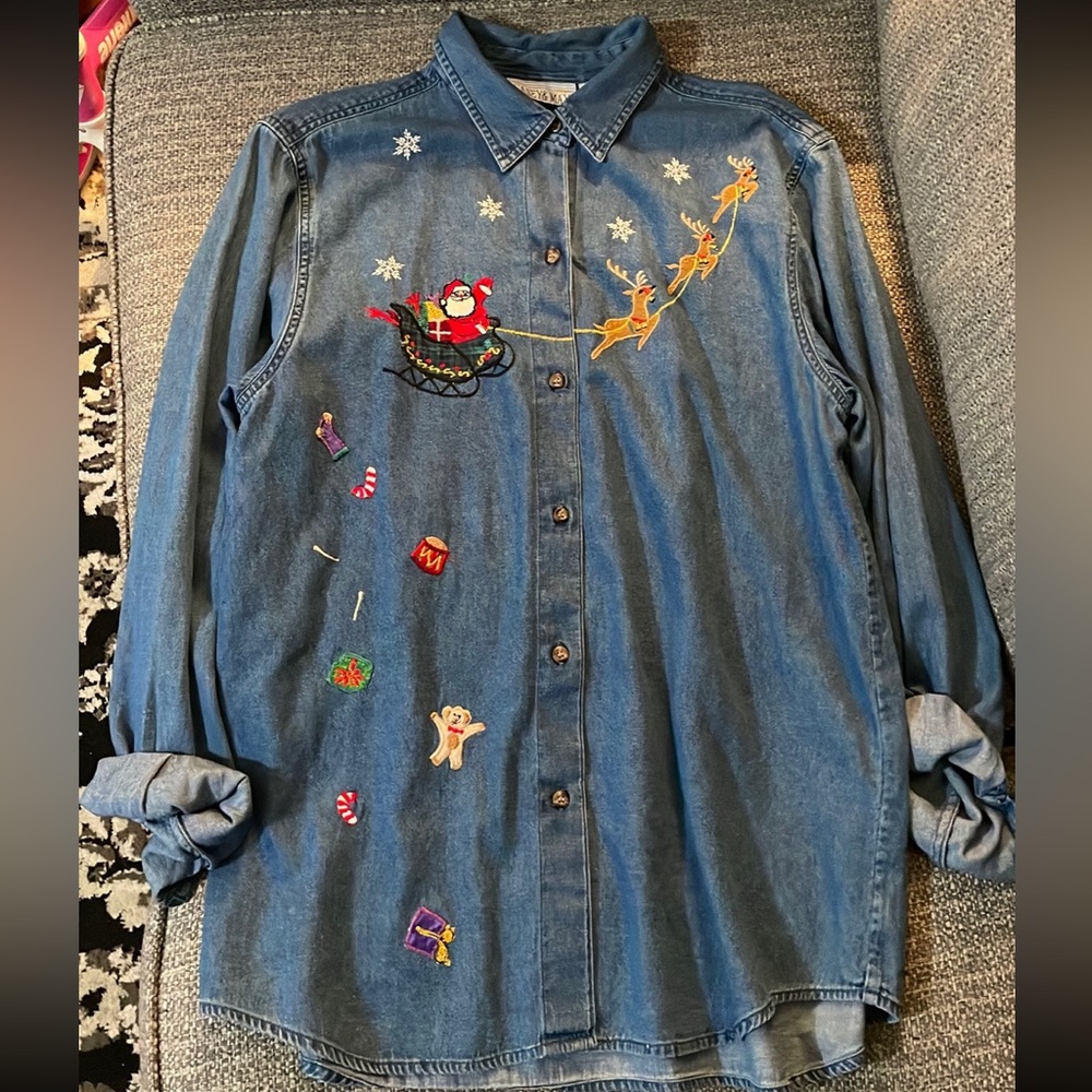 Vintage Christmas Santa sleigh and reindeer button down shirt